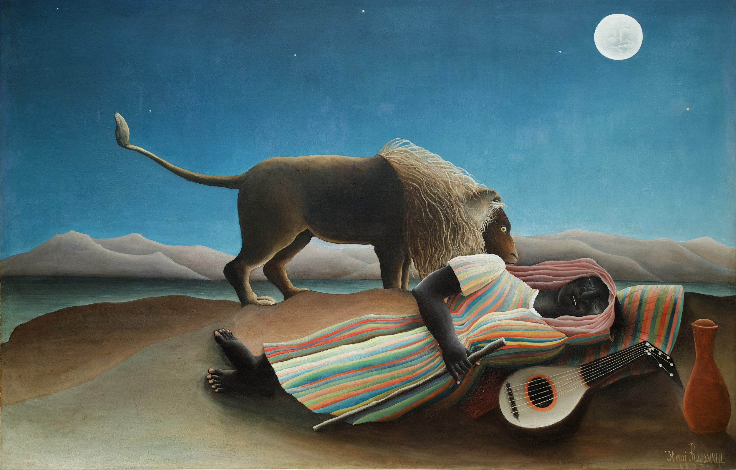 The Sleeping Gypsy by Henri Rousseau: a lion beside a sleeping traveler under a full moon