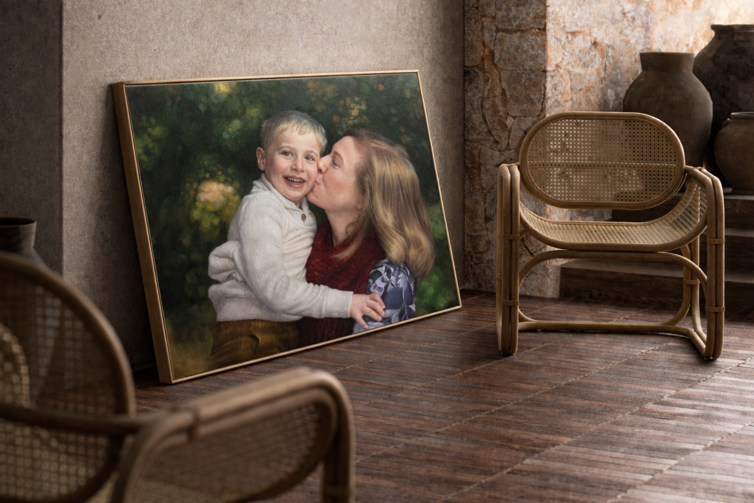 A finished custom portrait in a room