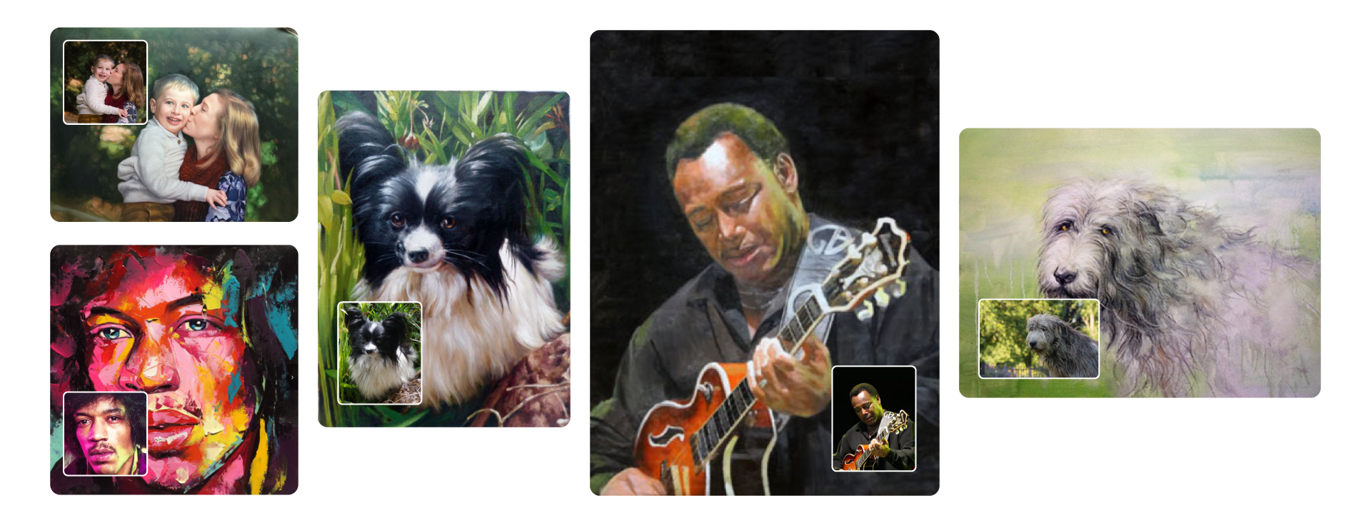 Photos next to the hand-painted portraits made from them