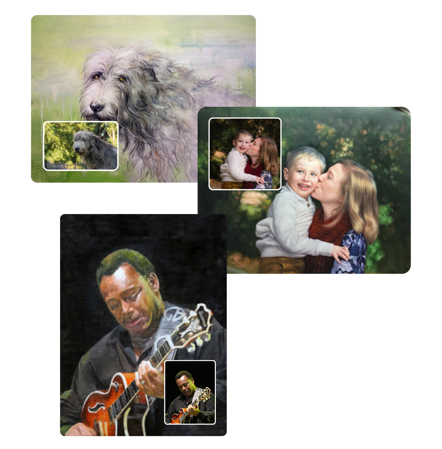 Customer photos and the hand-painted portraits made from them