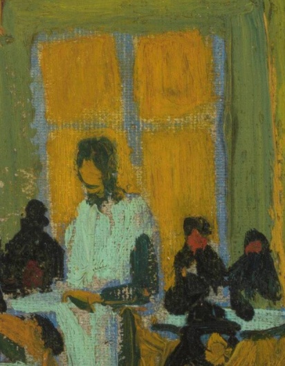 Cross-like horizontal and vertical window bars behind the central waiter in Café Terrace at Night