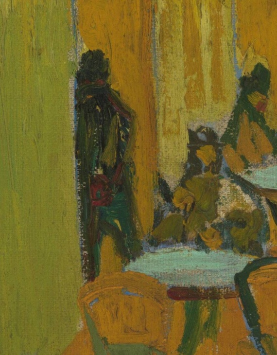 Solitary dark figure at the far left of the café terrace in Van Gogh’s Café Terrace at Night