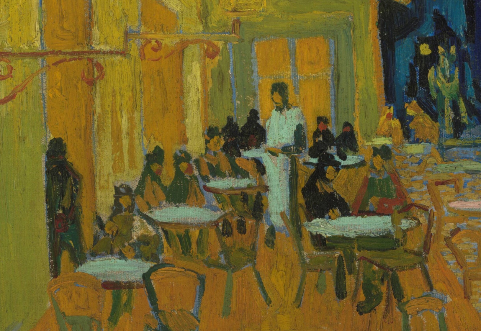 Detail of Café Terrace at Night showing a white-clad waiter surrounded by twelve visible or partly visible café figures
