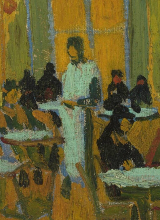 White-clad waiter standing among dark café customers beneath a cross-like window frame in Café Terrace at Night