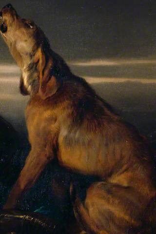 The hound sitting upright, howling at the sky