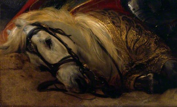 The white horse lying in its harness