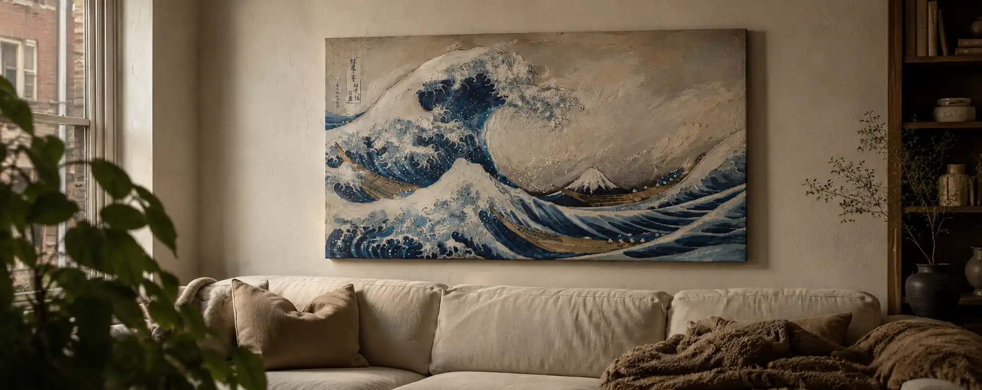 The Great Wave off Kanagawa hand-painted reproduction hanging above a sofa