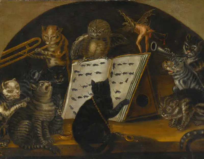 A ByMuseum close reading of Cats Being Instructed in the Art of Mouse-Catching by an Owl by Lombard School. An owl appears to teach nine cats from a book in which the lesson consists entirely of mice.