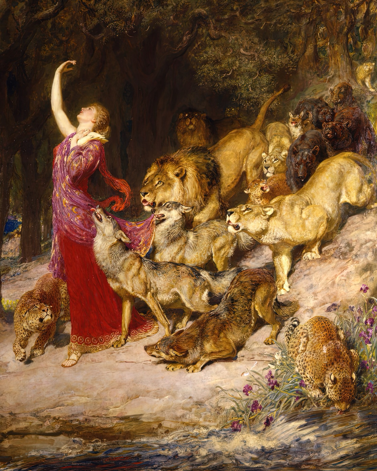 The lion, wolf-like animals, tawny cats, and shadowed bear-like forms gather around Aphrodite in the forest.