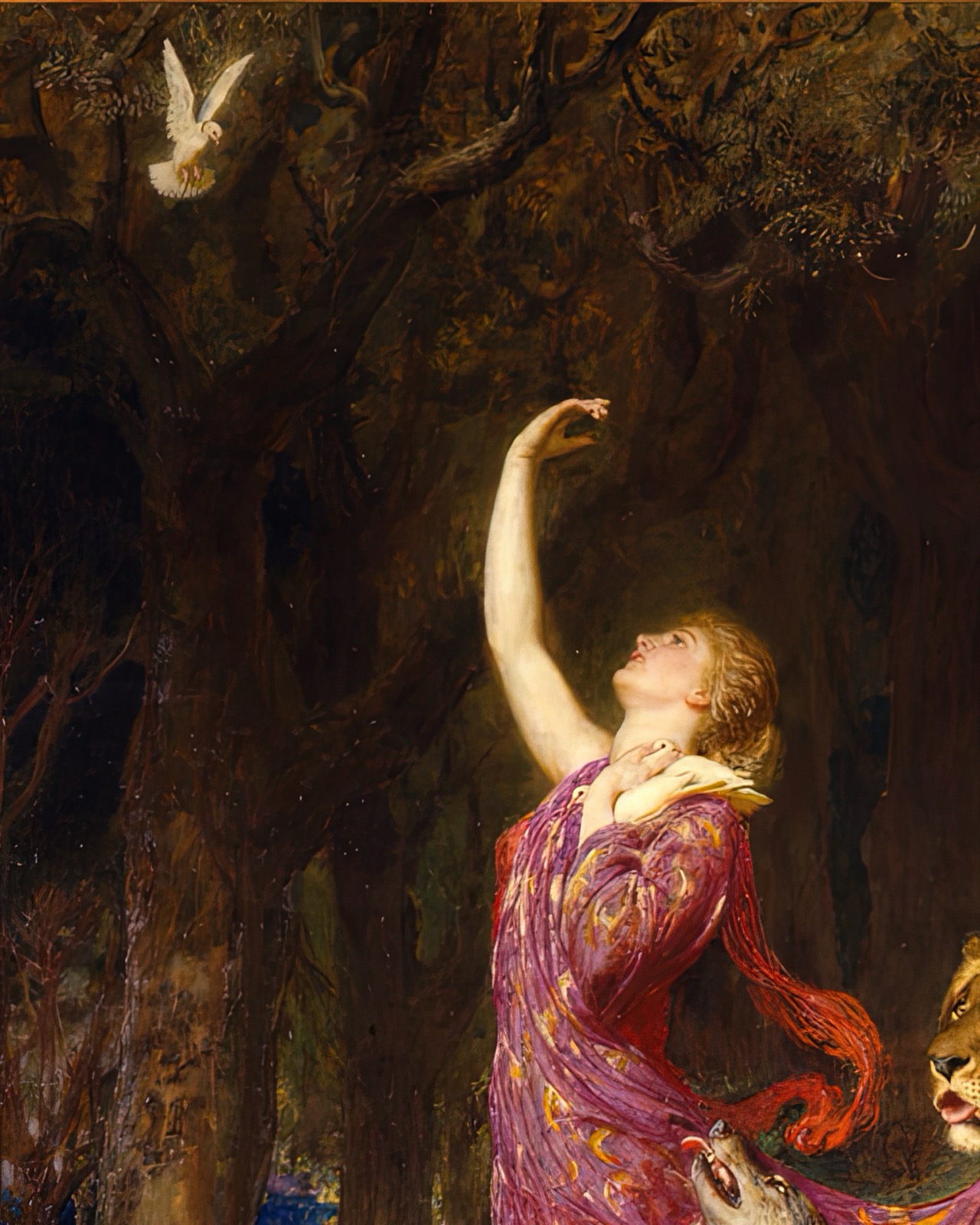 The lifted hand and upturned face connect Aphrodite visually with a white bird above her in the trees.