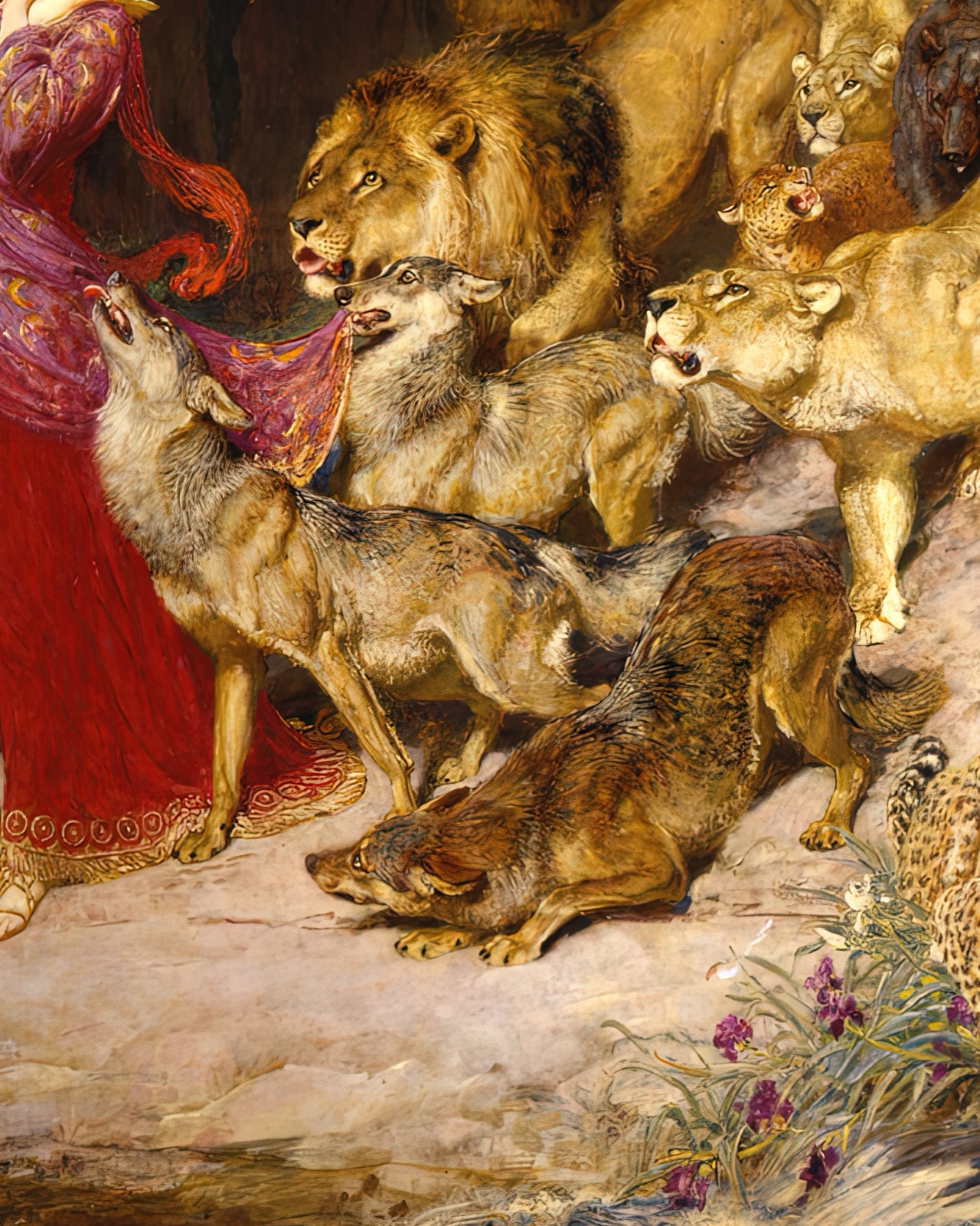 Wolf-like animals gather beside the red and violet drapery, including one that raises its head near the standing figure.