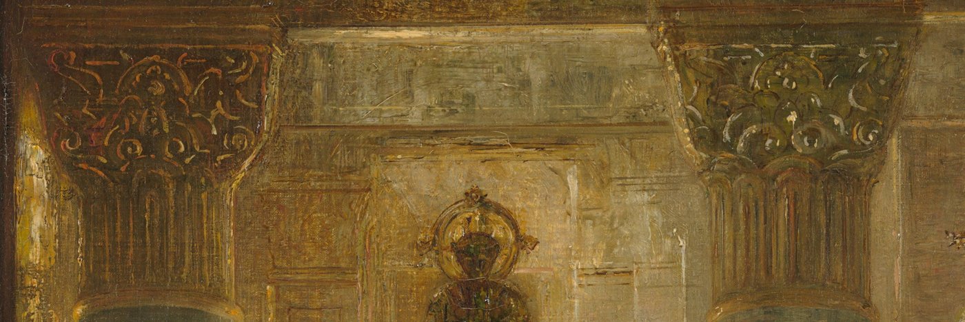 Two massive carved column capitals in gold and brown at the top of the painting