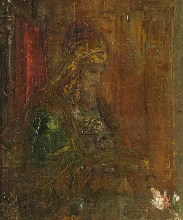 A bearded old man in a turban seated in shadow at the left of the painting