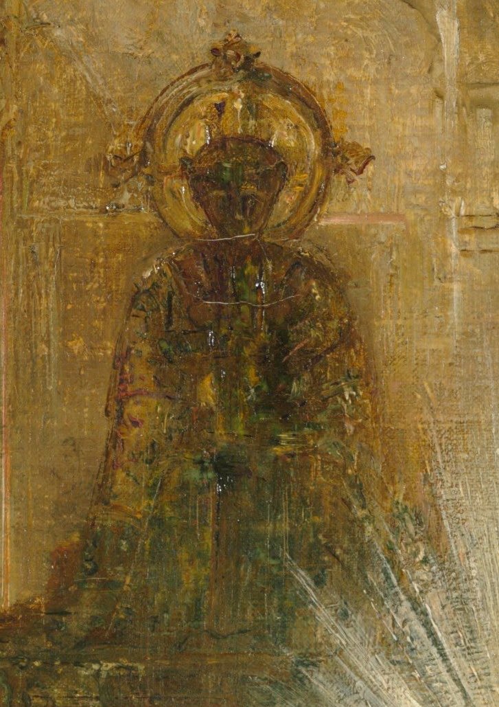 A dark seated figure under a golden ring at the back of the hall, directly behind the floating head