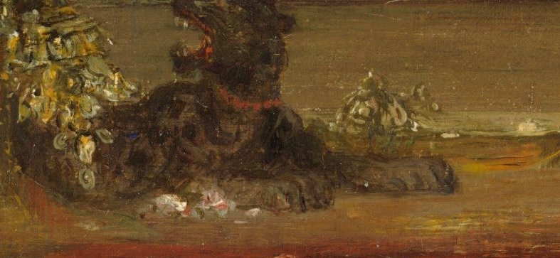 A dark panther lying on the floor behind Salome's feet, beside scattered flowers