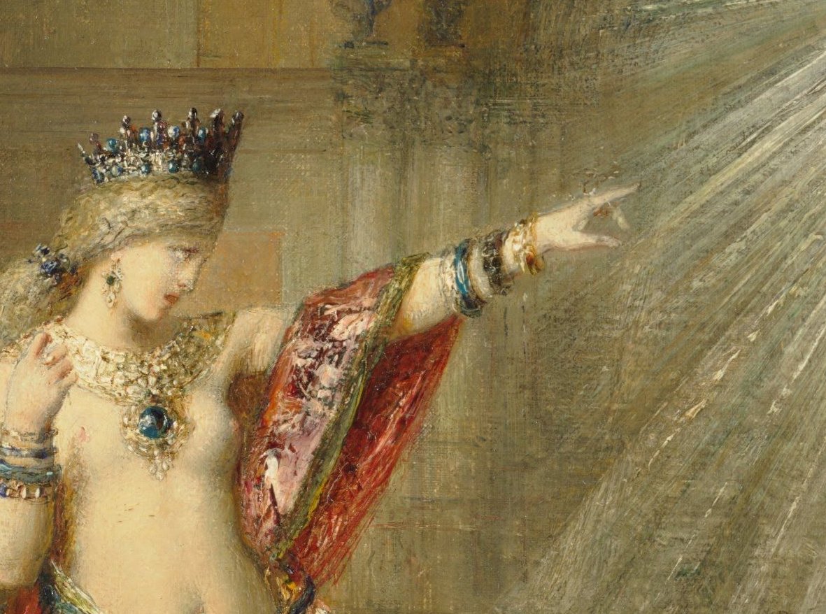 Salome in a jewelled crown and necklace pointing her arm toward the vision, her other hand raised to her shoulder
