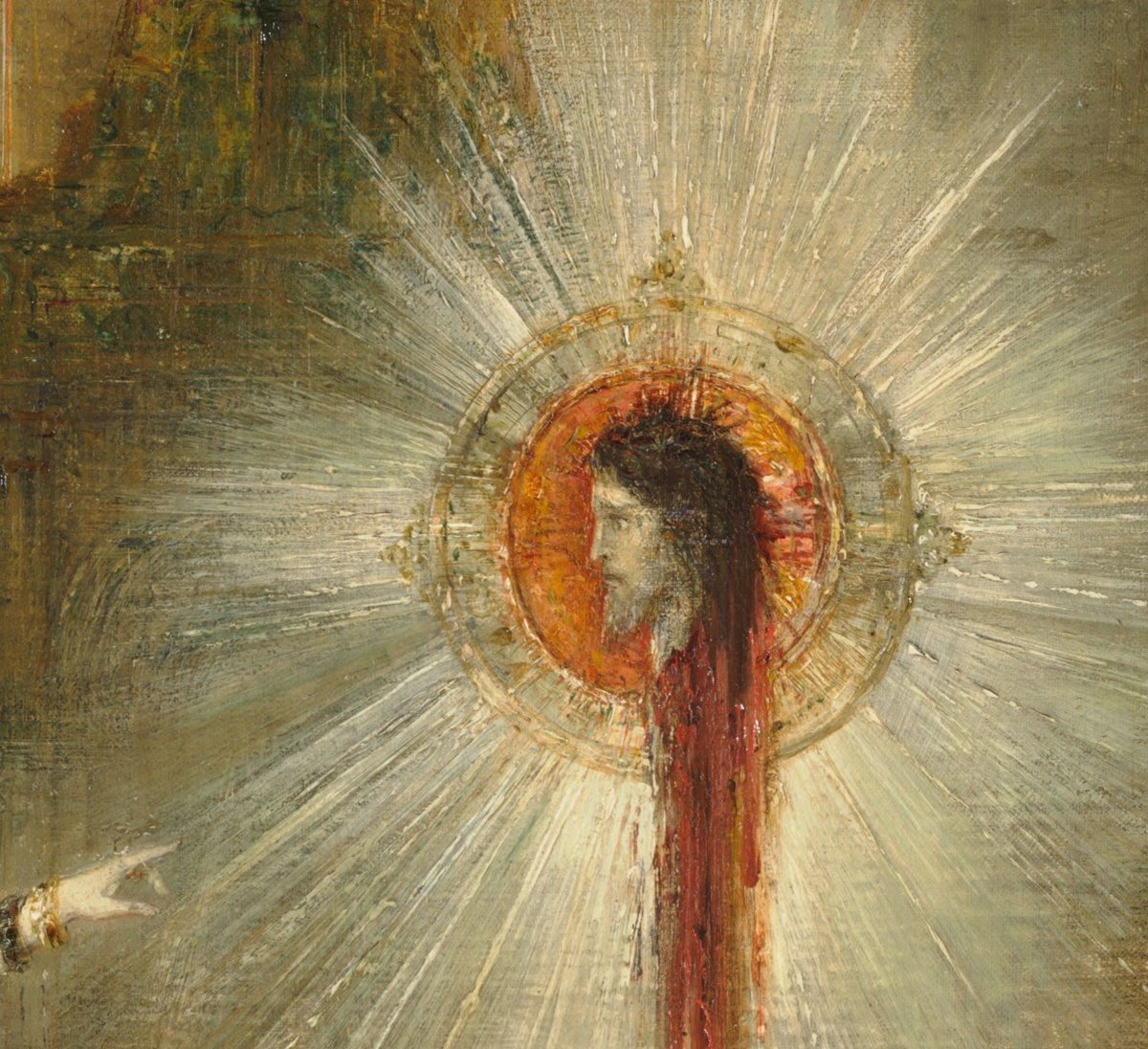 The severed head of John the Baptist floating in a golden halo inside a burst of white light, blood running from the neck