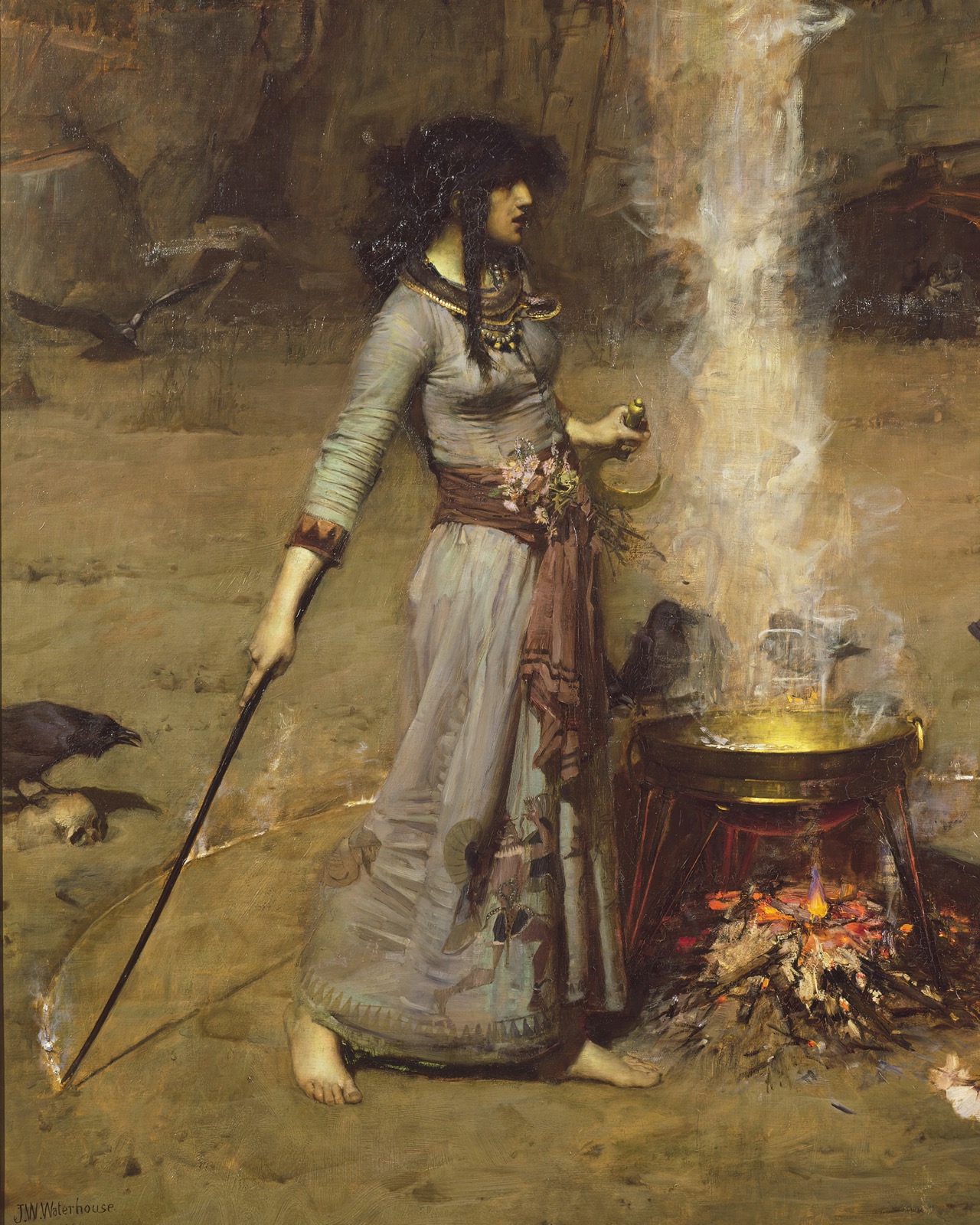 The sorceress in the original Tate painting, holding a wand toward the ground.