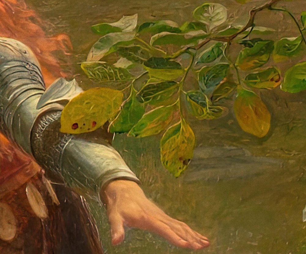 Leaves near the knight's outstretched arm, some yellowed and spotted with brown