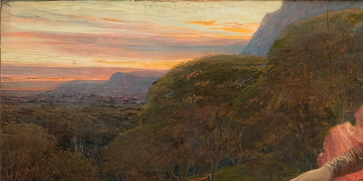 The evening sky over the hills at the top left of the painting, pink and gold clouds over a dark ridge