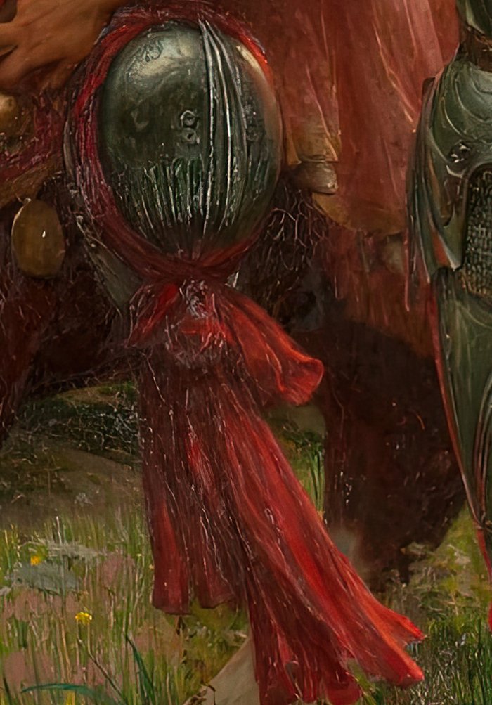 The knight's steel helmet hanging from the saddle on a long red tassel