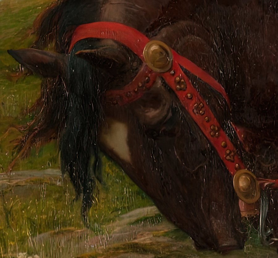 The dark horse's head bent low, wearing a red bridle decorated with round gold medallions