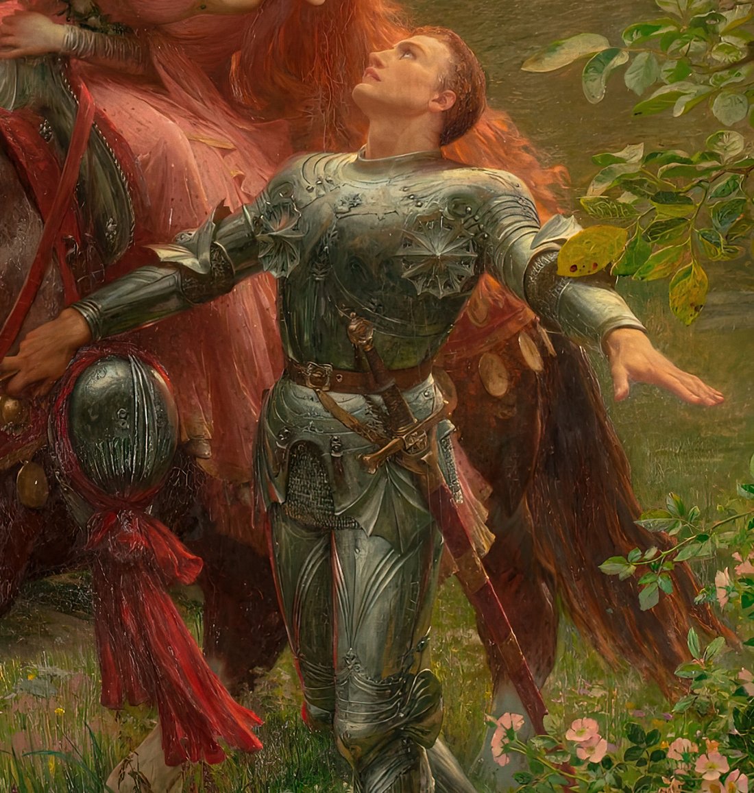The knight in silver armour walking beside the horse with his head tilted back and both arms thrown out wide