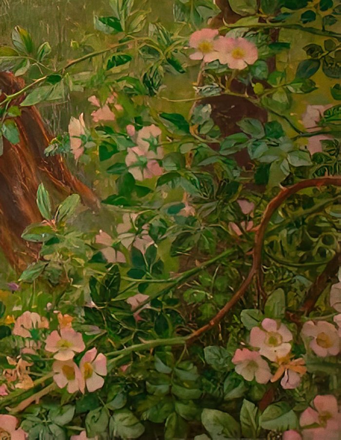 Pink wild roses and green leaves growing in the lower right corner of the painting
