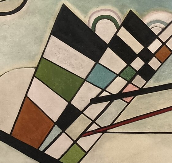 The tilted chequerboard grid of coloured squares in the lower left of the painting
