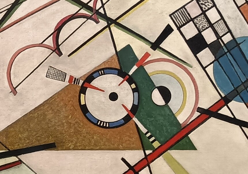 Concentric circles like a dial or target inside a triangle at the centre of the painting, with lines crossing them