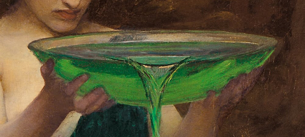 A shallow bowl filled with glowing green poison, held in two hands