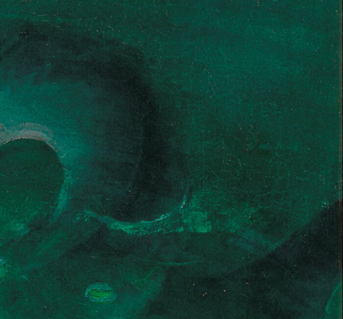 A dark coiled shape turning under the green water
