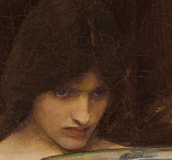 Circe frowning down into a bowl, her dark hair around her face