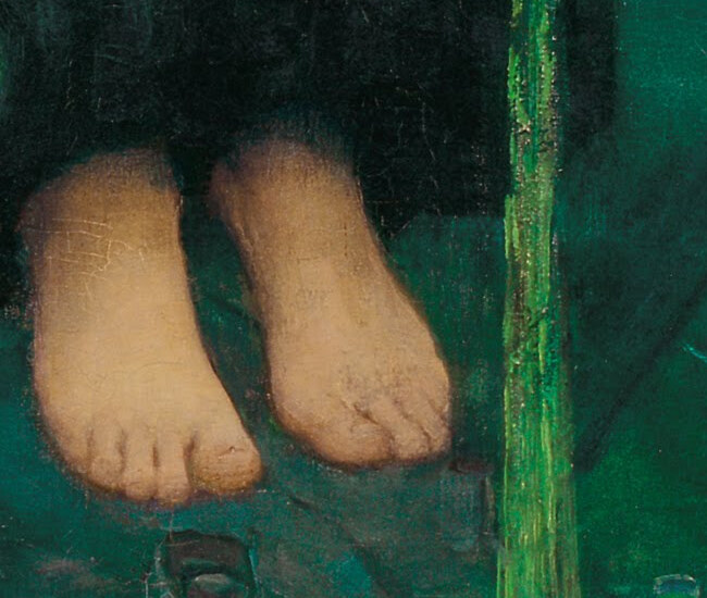 Circe's bare feet hovering just above the green water