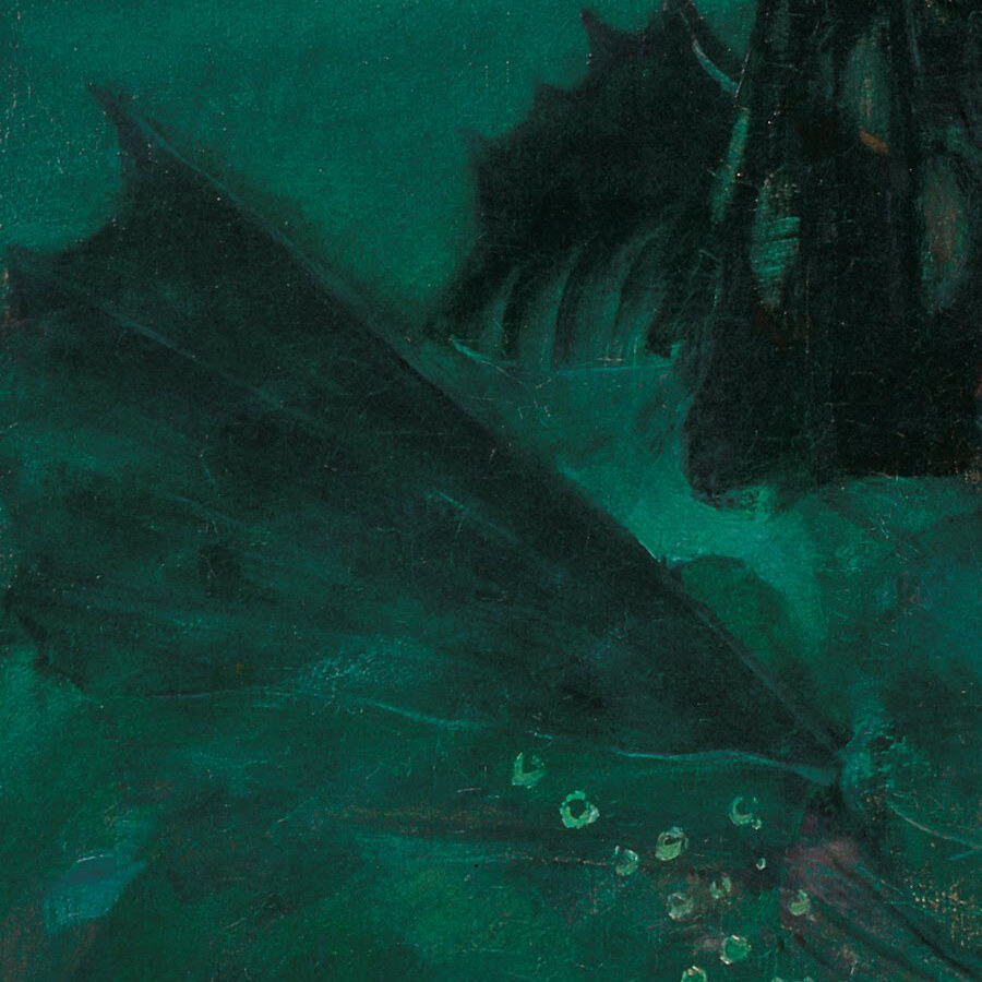 A dark spined fin rising out of the green water