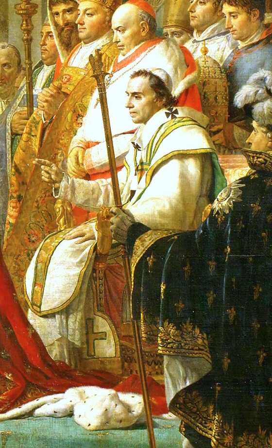 Pope Pius VII seated behind Napoleon, his right hand raised in blessing