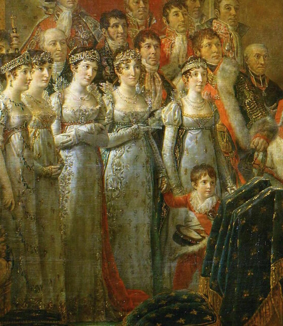 Napoleon's sisters and the ladies of the court standing behind Josephine, holding her mantle