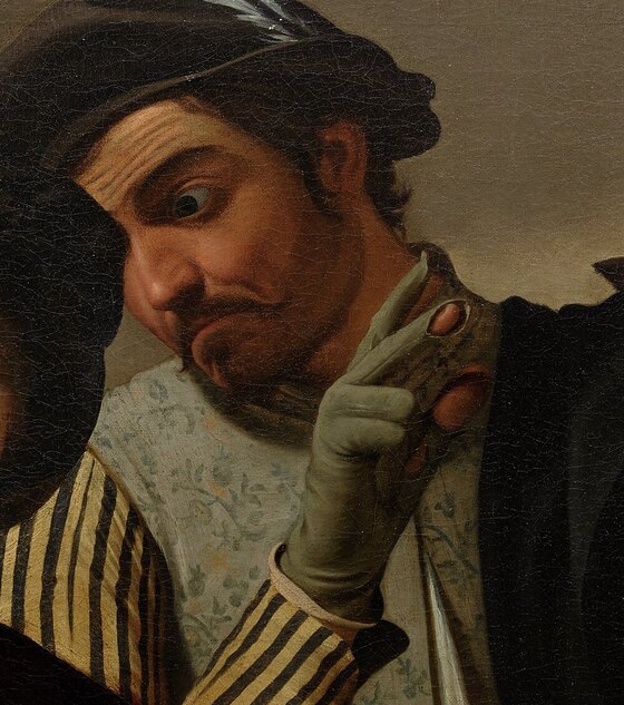 The older accomplice leaning over the boy's shoulder, signalling with a gloved hand whose fingertips are cut off