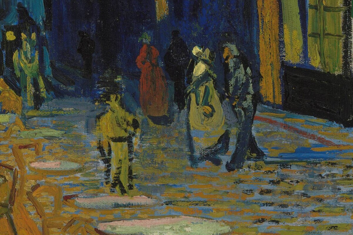 Two figures in dark clothes and a woman in a light dress walking on the street, with a lit doorway behind
