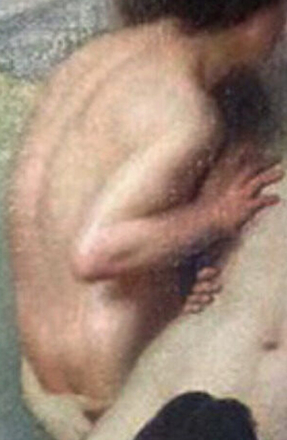 A nude woman seen from behind, her arm around the central figure