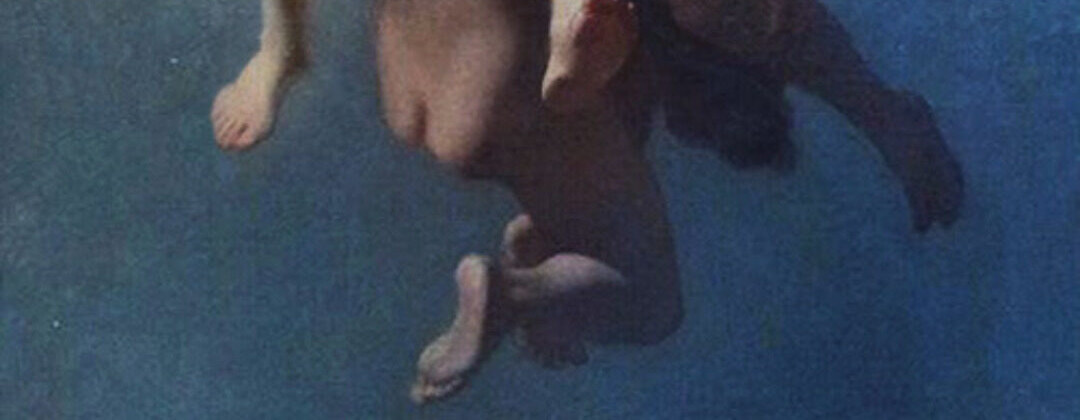 The lower part of the painting where the bodies sink into a deep blue ground