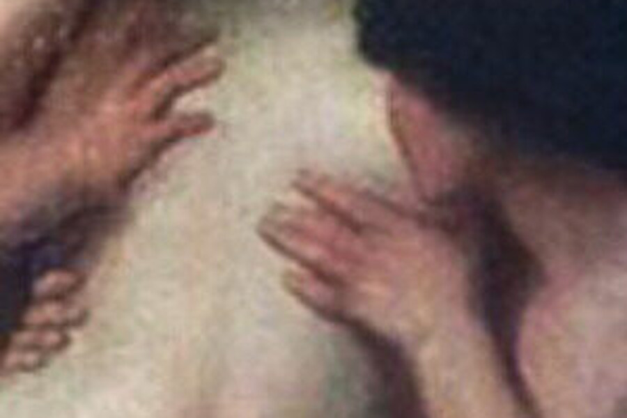 Hands resting on the pale body of the central woman