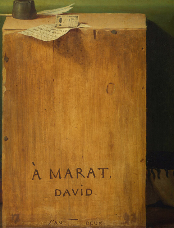 The wooden crate beside the bath, inscribed À MARAT, DAVID, with an inkwell, a pen and a banknote on top