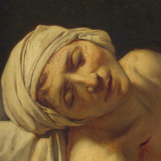 Marat's face in death, eyes closed, mouth slightly open, head wrapped in a white cloth