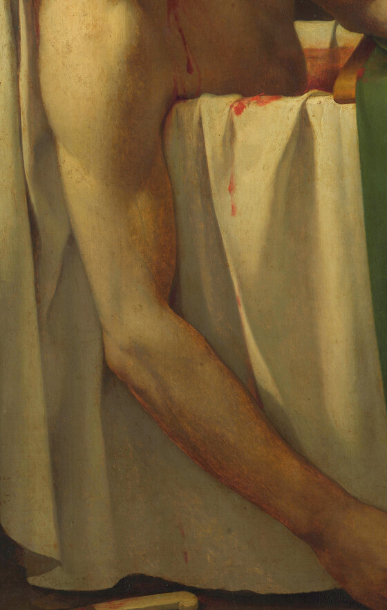 Marat's right arm hanging over the side of the bath, the pen still in his fingers