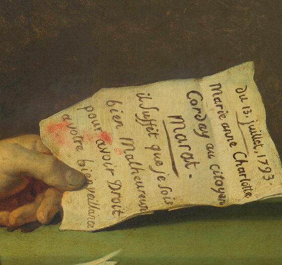 Marat's hand holding a letter signed by Charlotte Corday, the ink still legible