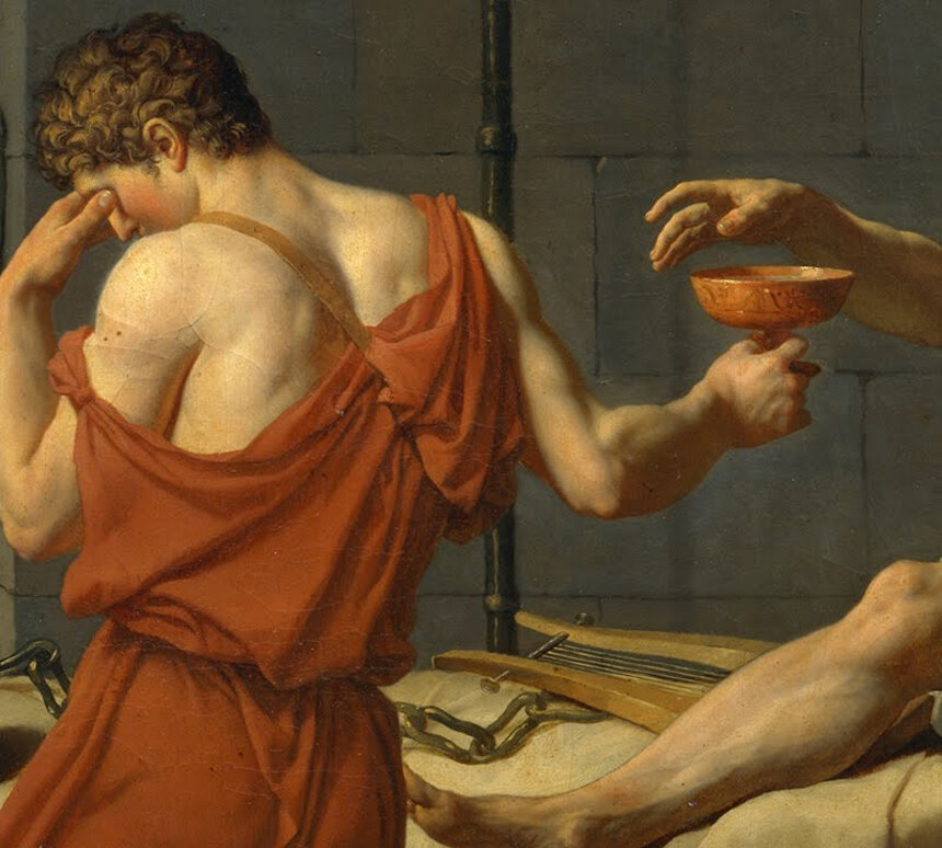 Socrates' hand reaching for the cup of hemlock while the executioner holds it out and turns his face away