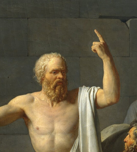 Socrates seated on his bed, white-bearded, one finger raised to heaven, still talking