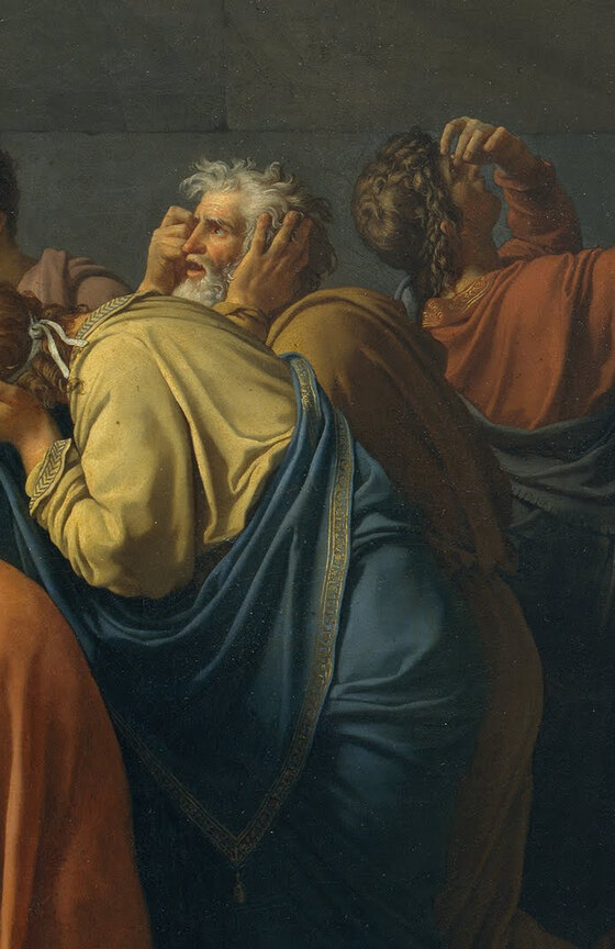 Disciples at the right of the painting weeping, one with arms raised, one hiding his face