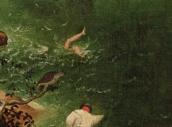 Icarus's legs disappearing into the sea, feathers in the air, a partridge on a branch and an angler on the bank